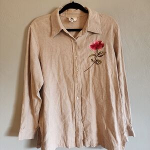 Coldwater Creek Beige Button Down with Pink Floral Embroidery